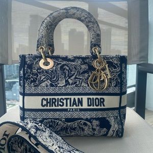 Christian Dior Medium Lady D-Lite Bag Blue White Toile de Jouy Embroidery